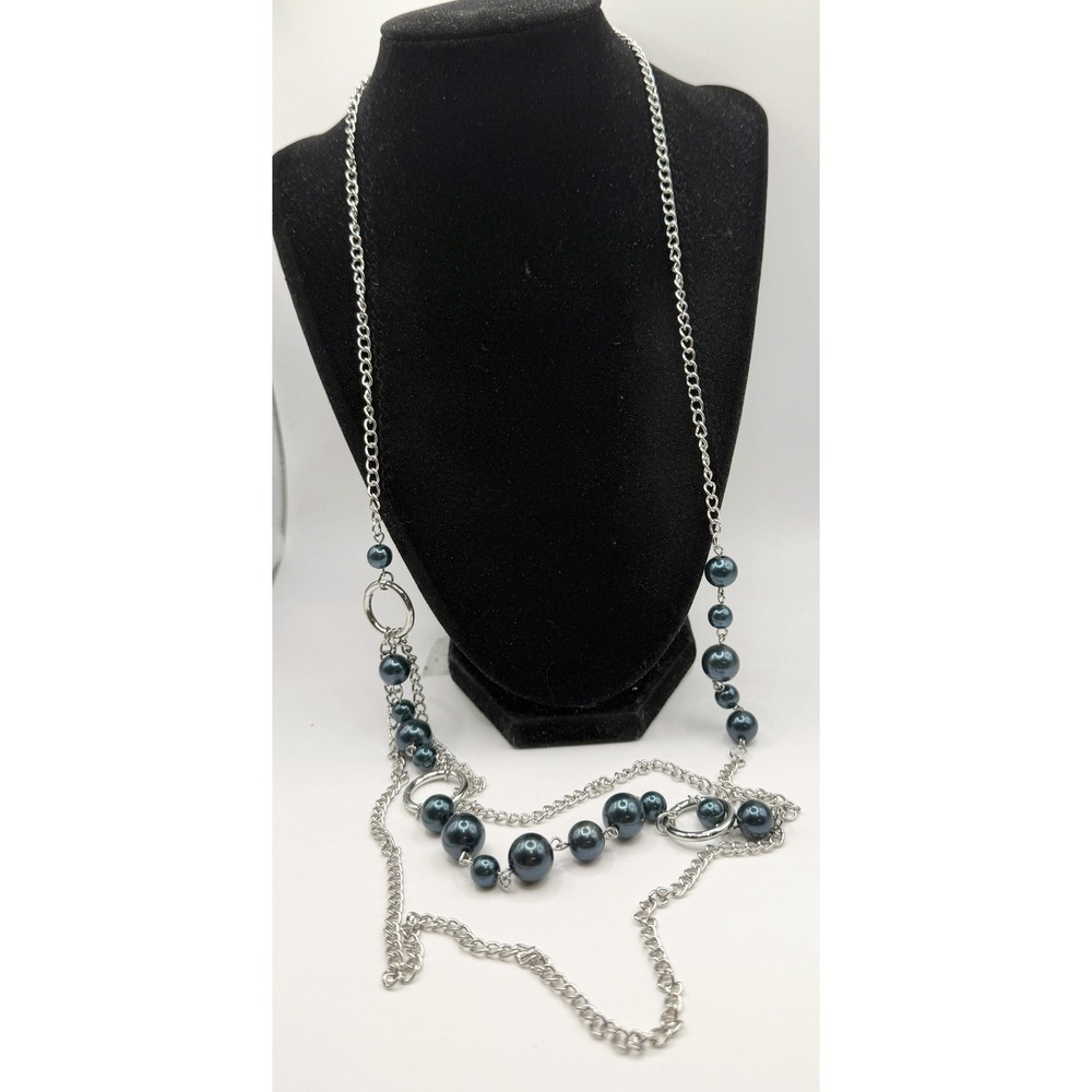 Layered Silver‎ Tone Necklace Cobalt Blue Pearl Beads 31-36"